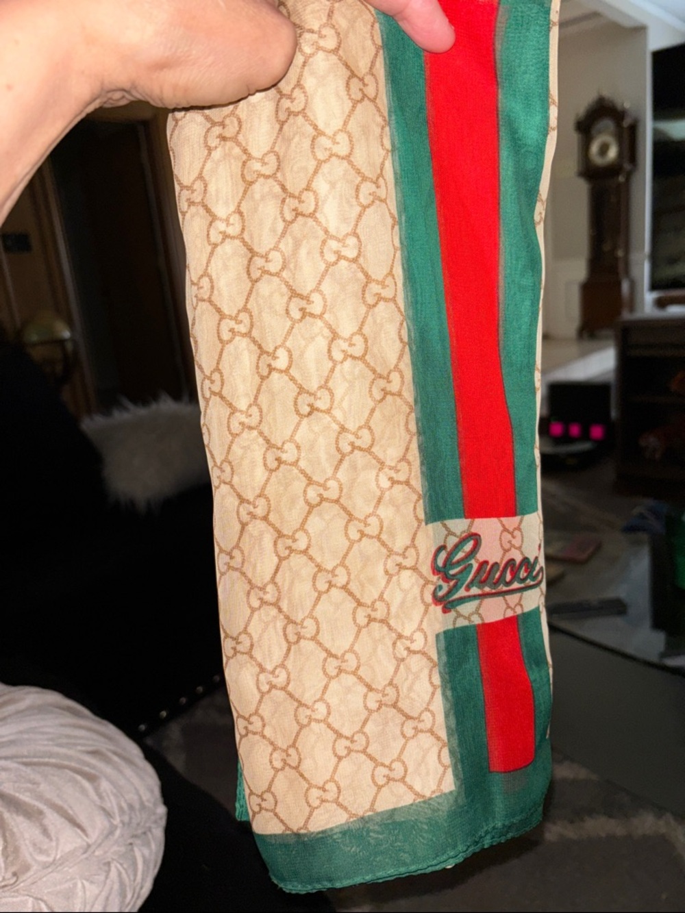 Gucci Beige Monogram Scarf with Red and Green Stripe - Picture 3 of 6